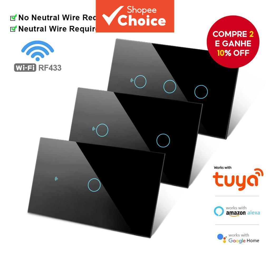Interruptor De Parede Tuya US WiFi RF433 Sem Fio Neutro 1-4 Gang Touch Sensor