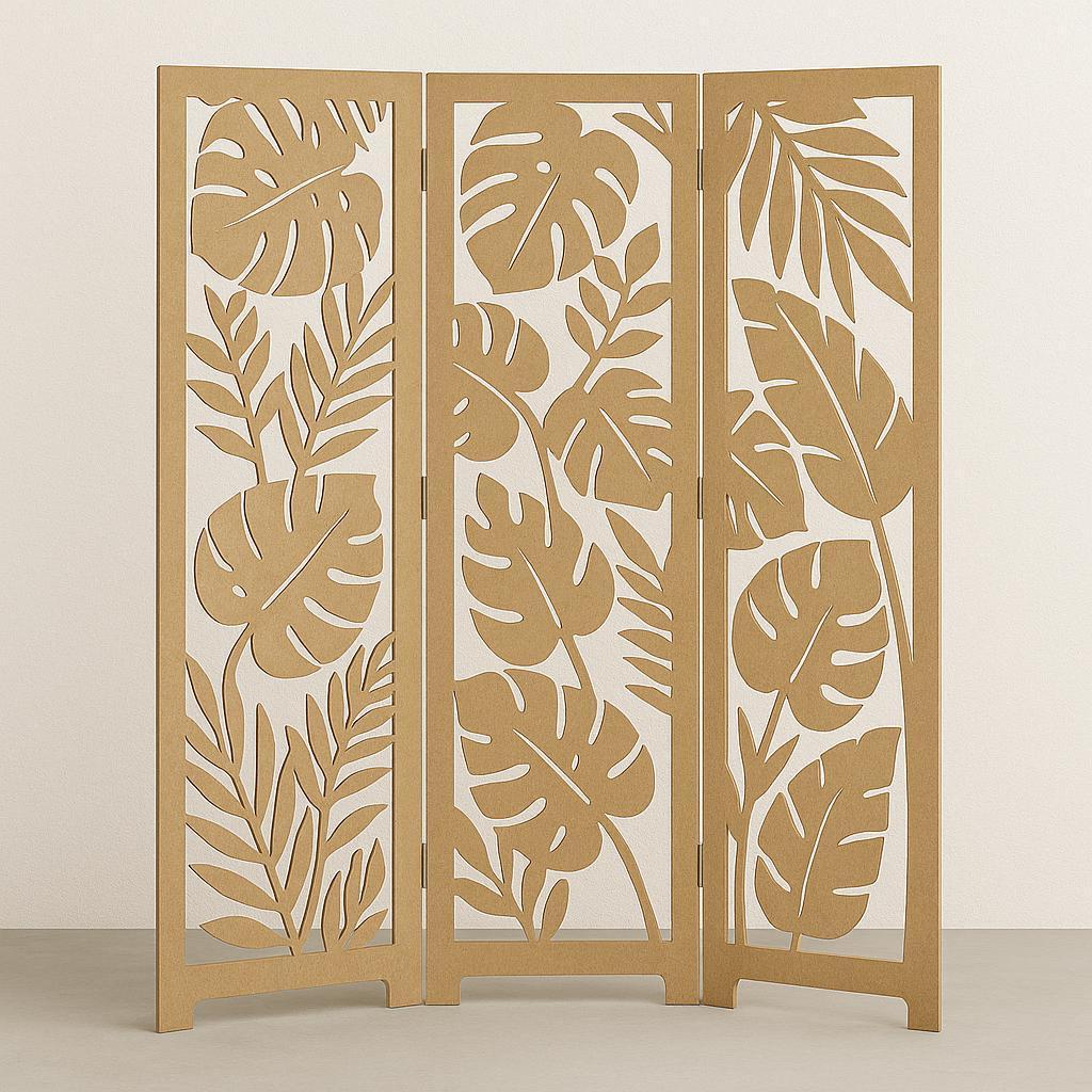 Divisória de Ambiente com Estampa de Folhas Biombo Triplo de MDF Qualidade Premium