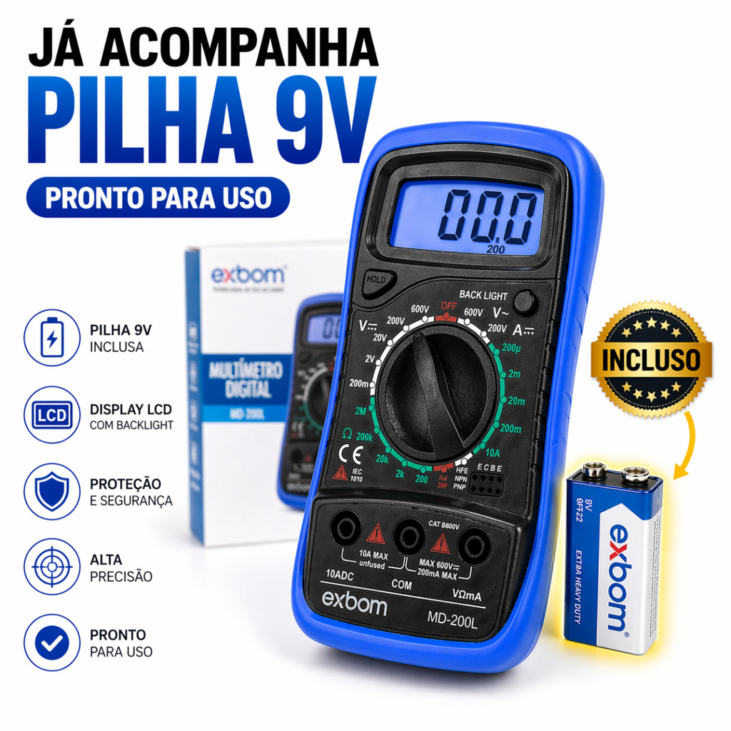 Multimetro Digital Profissional MD-200L Exbom Fusível de Auto Restauração