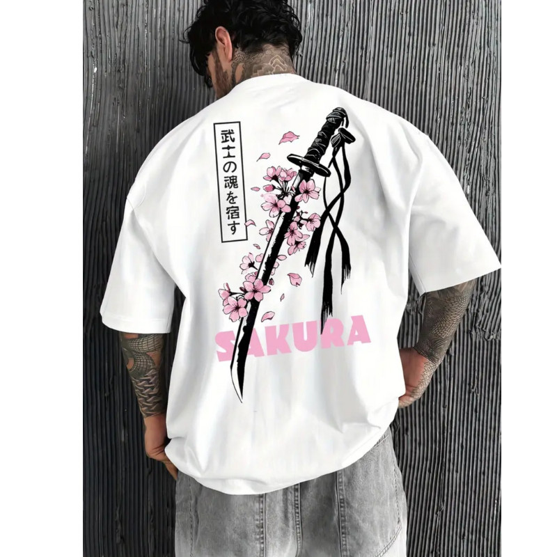 Camiseta Oversized Estampa Katana Sakura Japonesa 100% Algodão Streetwear Camisa Masculina Envio Já
