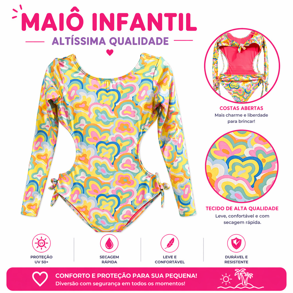 Maiô Menina Verão Manga Longa Infantil Bebe Biquini Proteção Uv 50  Praia Piscina Manga Comprida