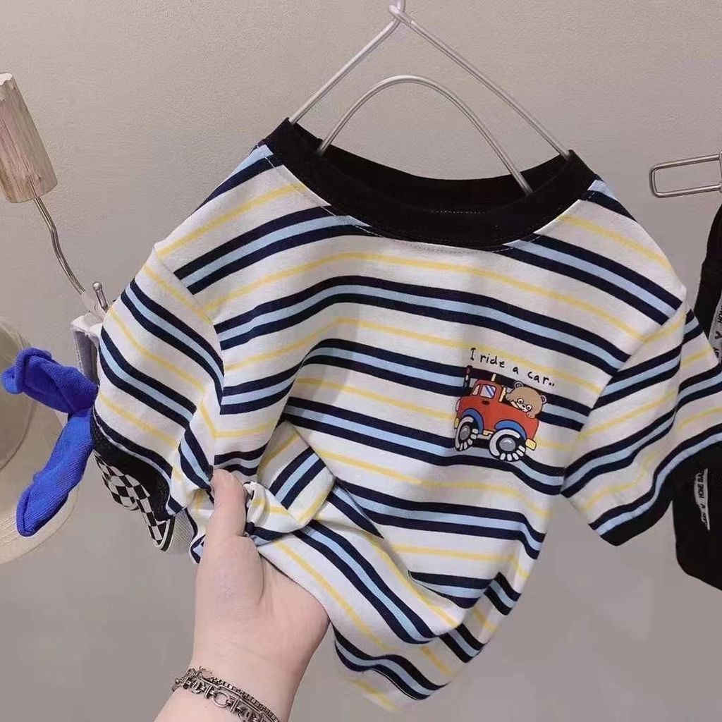 Coreano coreano crianças novo estilo verão solto listrado de manga curta camiseta meninos médio pequeno crianças topos c