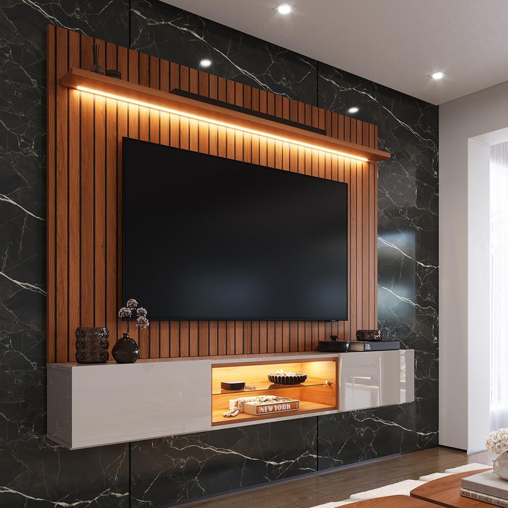 Painel com Rack Copa do Mundo Milano para TV até 70” com LED, Nicho Iluminado e Portas Basculantes