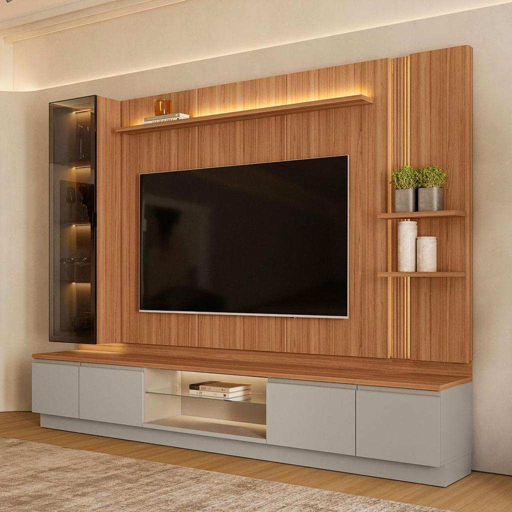 Imagem Conjunto Painel Rack Módulo Lateral e Cristaleira Been MDP/MDF TV até 75 Canela/Gris G77 - Gran Belo