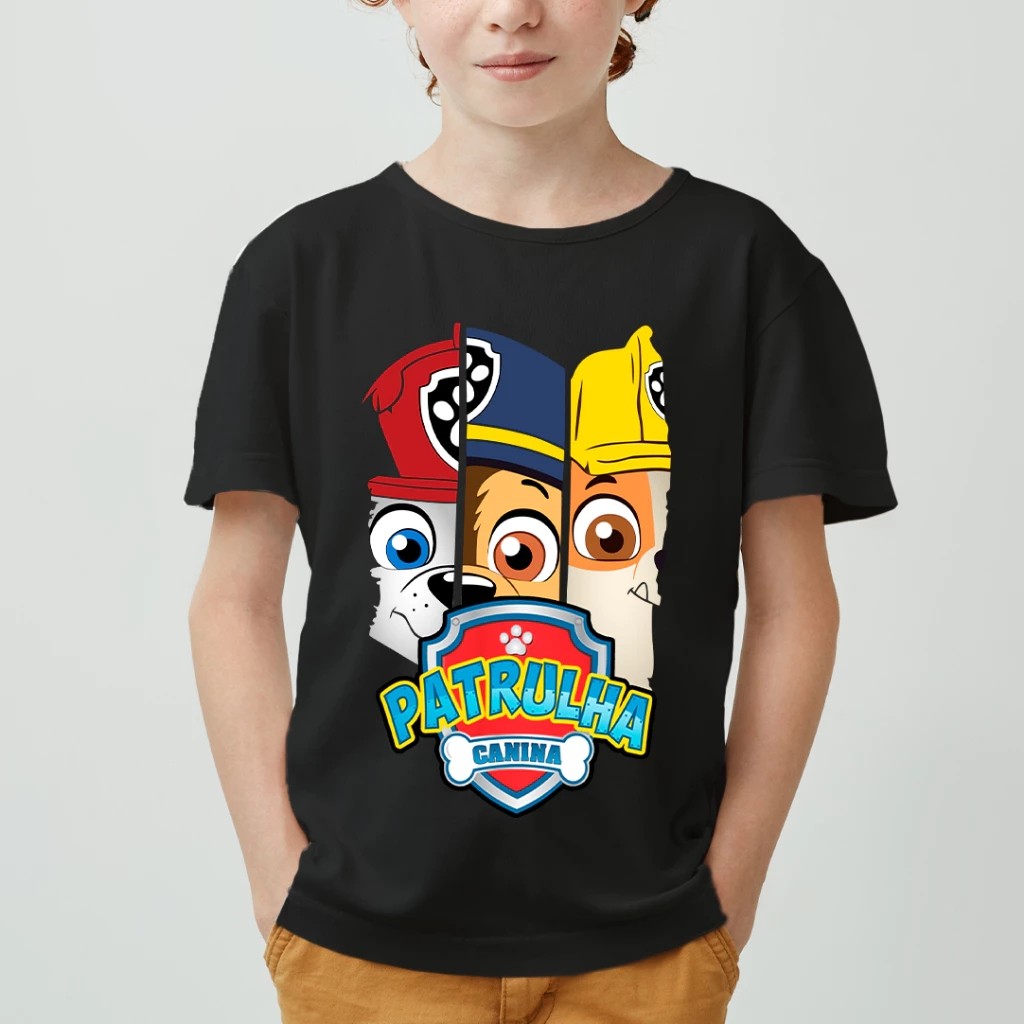 Camiseta Infantil Estampada Paw Canina Divertida Menino Menina 100% Algodão Confortável Dia a Dia Estilosa Escolar