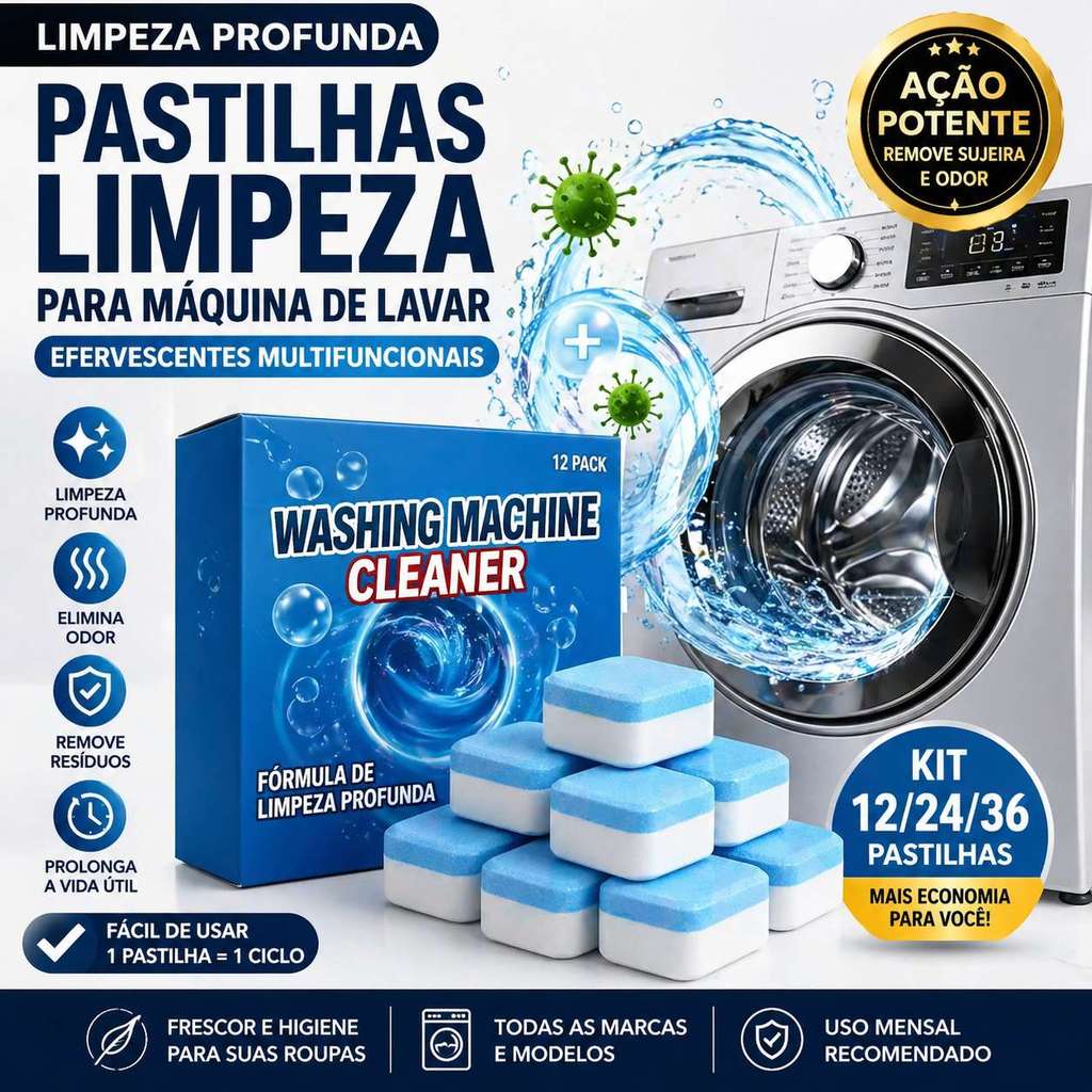 Pastilhas Limpeza Máquina de Lavar Efervescente Removedor de Sujeira e Odor Kit 12 24 36 Unidades