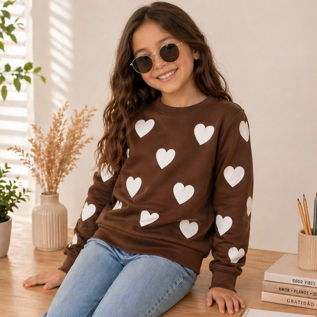Blusa de Frio Infantil Moletom Corações Manga Longa Confortável Inverno Outono Moda Bloguerinha