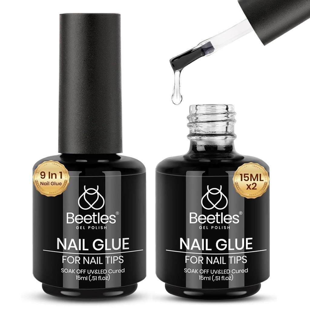 Beetles Gel Polish 9 em 1 Cola para Unhas de Gel para Pontas de Unhas de Acrílico Transparente, 2 Peças de 15ml, Kit de
