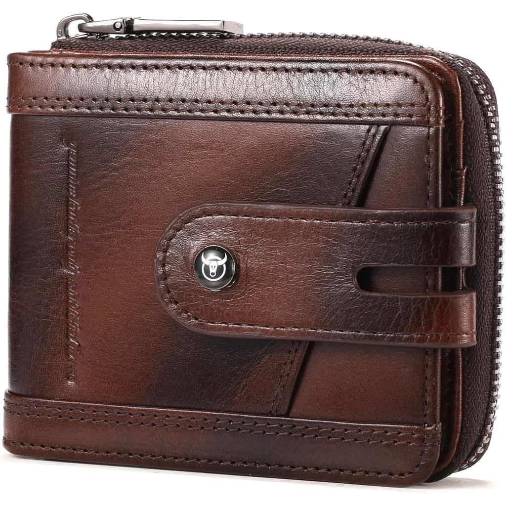 Carteira Masculina de Couro Genuíno BULLCAPTAIN com Zíper, Estilo Vintage, Bloqueio RFID, Grande Capacidade, com 14 Comp
