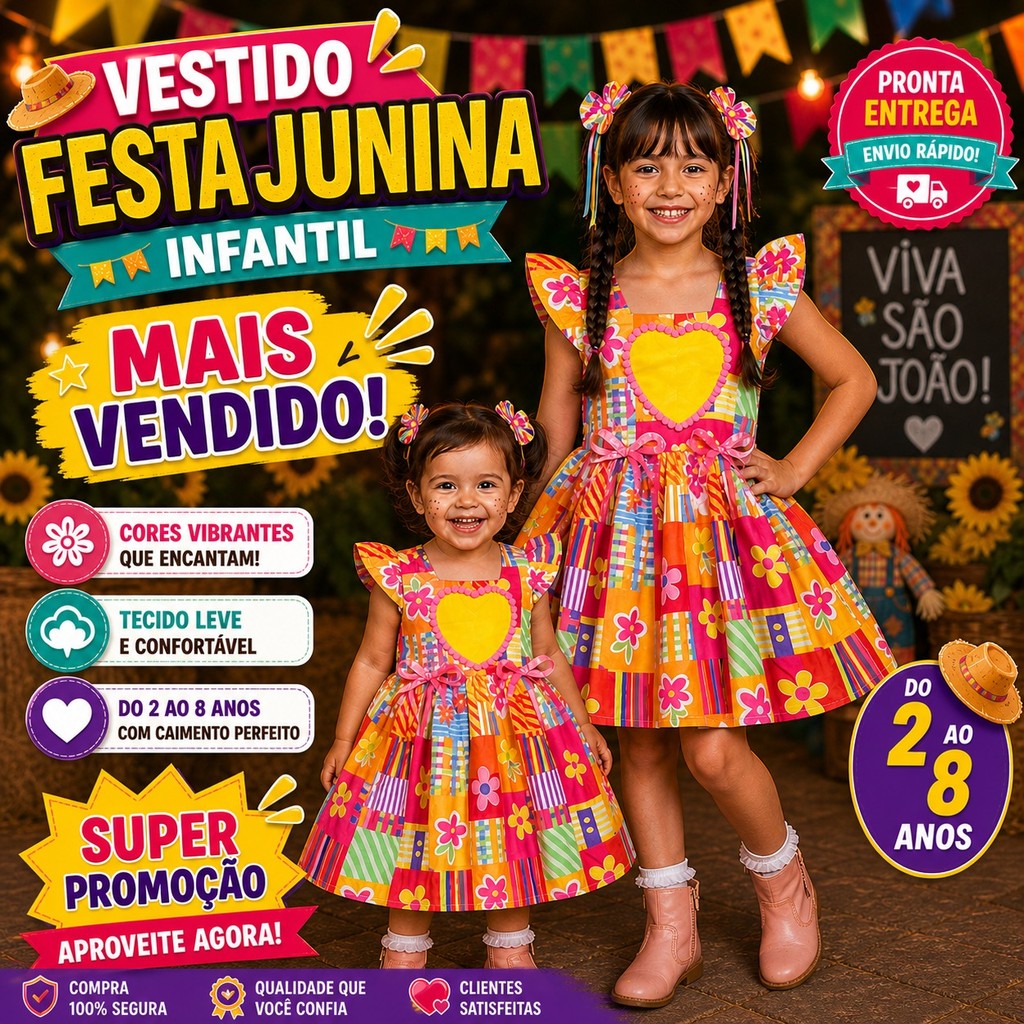 Vestido - 1 a 8 anos - Infantil São João feminino para festa junina e quadrilha Menina xadrez