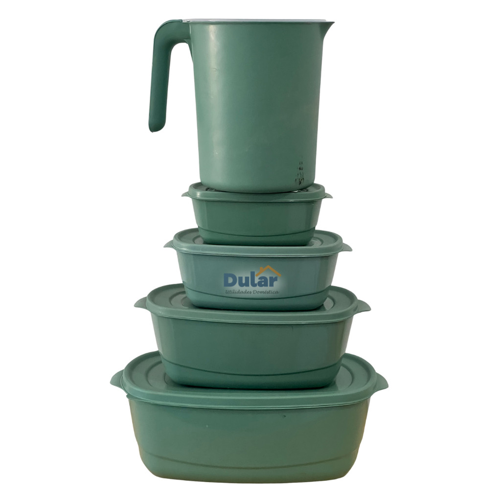 Kit Potes Verde Jarra + 4 Potes Multiuso Mantimentos Retangular Plastico Cozinha Utilidades