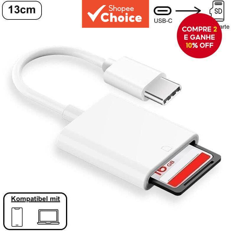 Leitor de Cartão SD Type-C & Cabo OTG para Câmera, Conversor de Cartão de Memória USB Externo para Celular