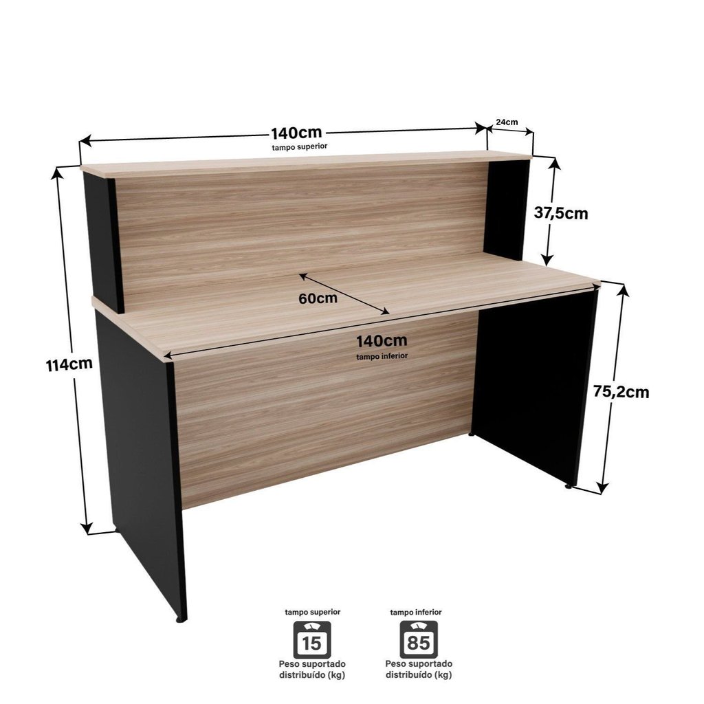 Balcão Atendimento Recepção Consultório 140x60cm Bege/Carvalho/Preto Carvalho/Preto