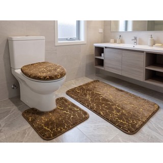 Kit Jogo de Tapetes para Banheiro 3 Peças Felpudo Mármore Luxo Dourado