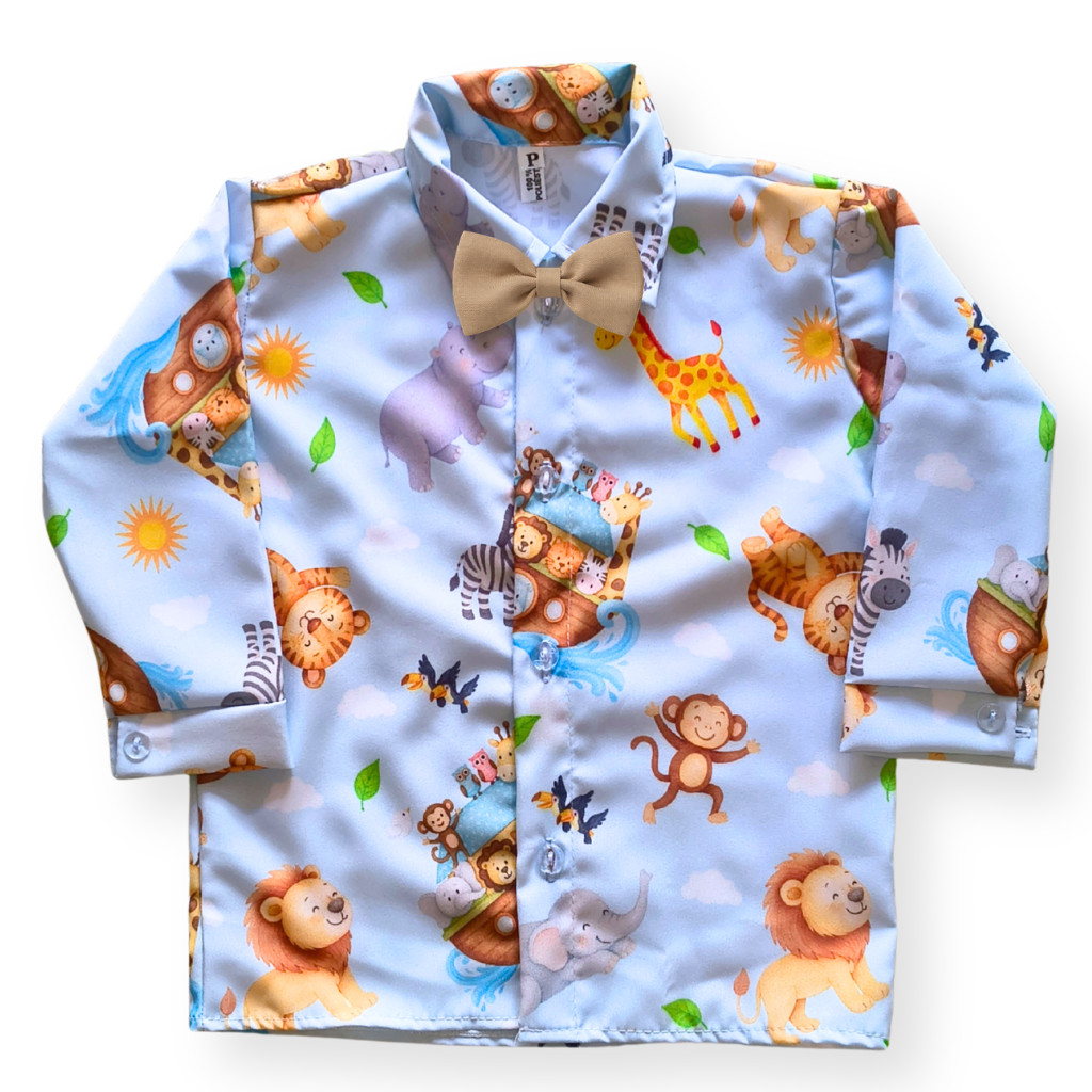 Camisa Manga Longa Arca de Noé Infantil com Gravata Festa, Aniversário e Ensaio Fotográfico Roupa Social Temática