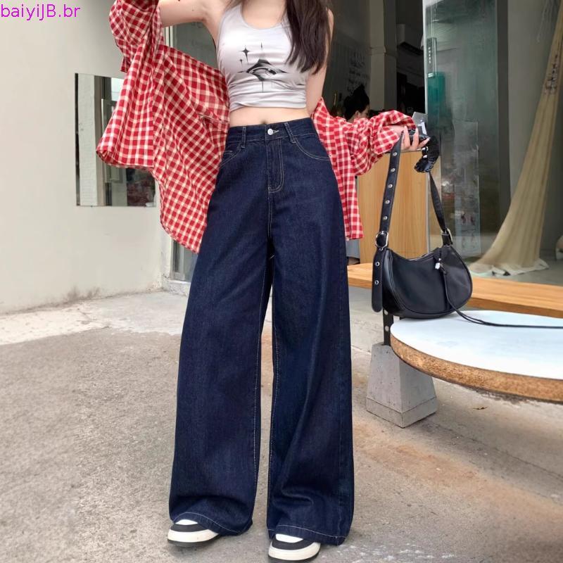 calça jeans feminina calça jeans feminina pantalona Jeans retrô azul escuro de perna larga para mulheres pré-outono no