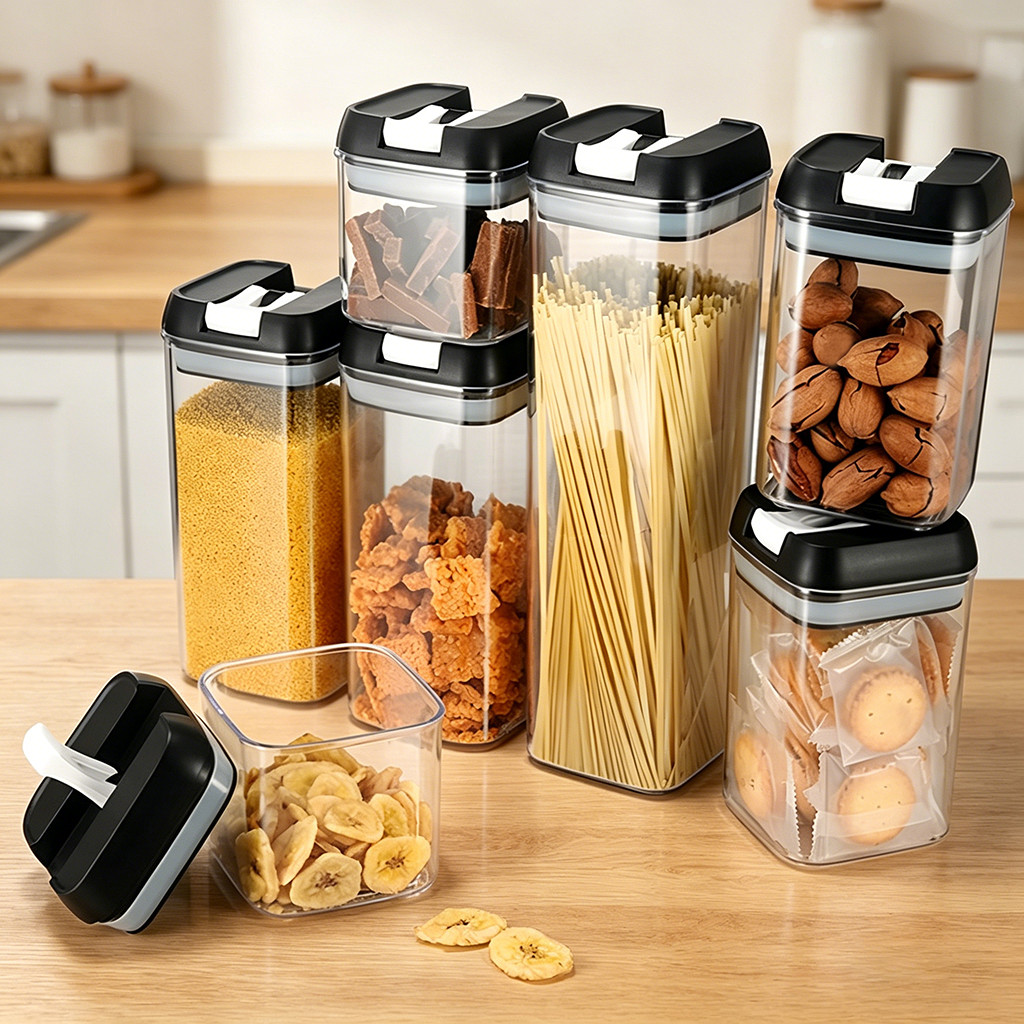 Potes Herméticos Acrílico Cristal Transparente Com Trava Empilhável Para Cozinha Armazenamento de Alimentos Casa