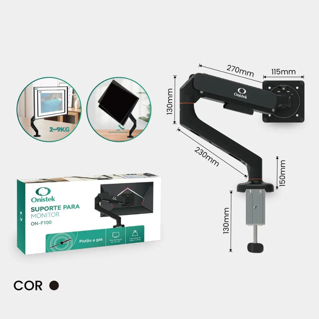 Suporte Ergonômico Monitor 13 a 32 Articulado Pistão Gás Full