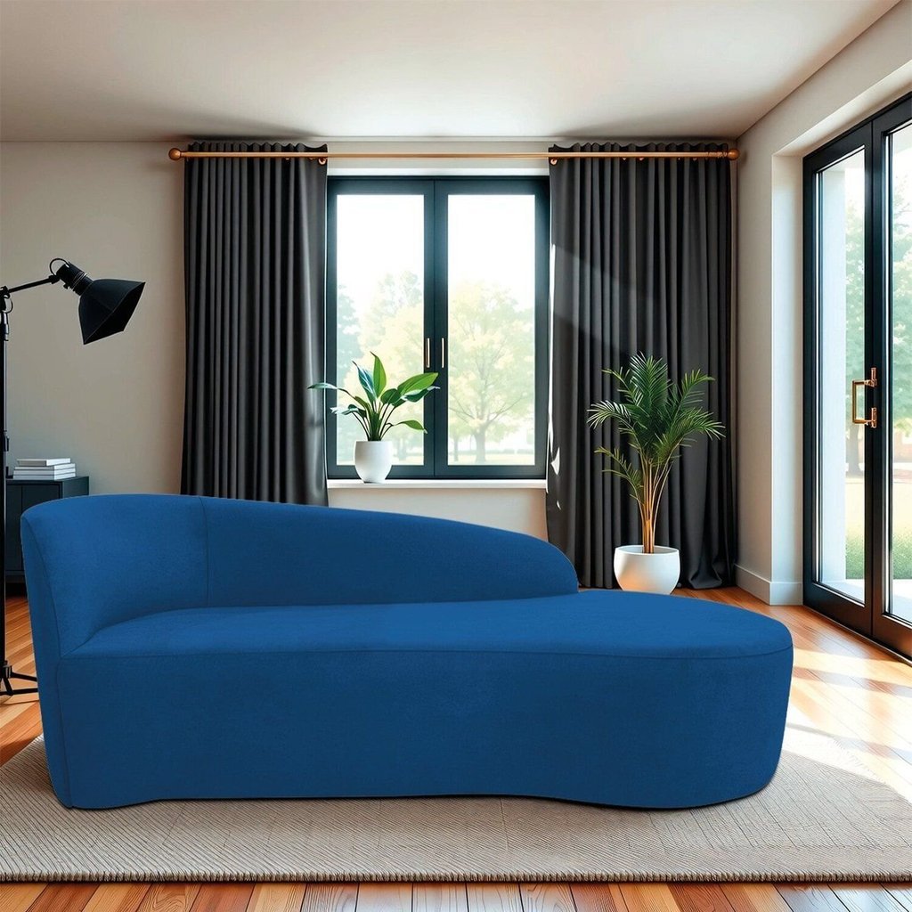 Recamier Curvo Orgânico 140cm 2 Lugares Lado Direito para Sala de Estar em Linho Paris Azul Royal Azul Royal