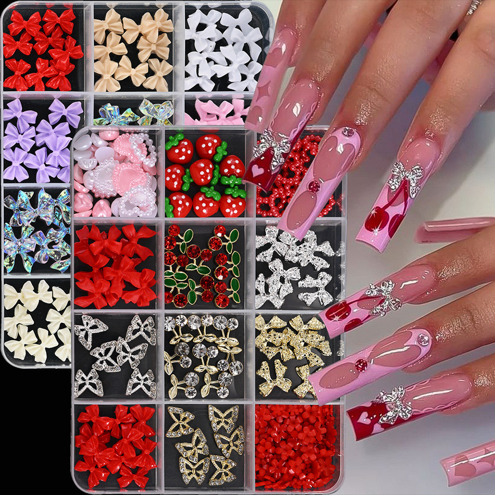12 Grades 3D Fruta Cereja Morango Encantos De Unhas Ouro & Prata Borboleta/Arco Prego Liga Gemas Resina Pérola Coração F