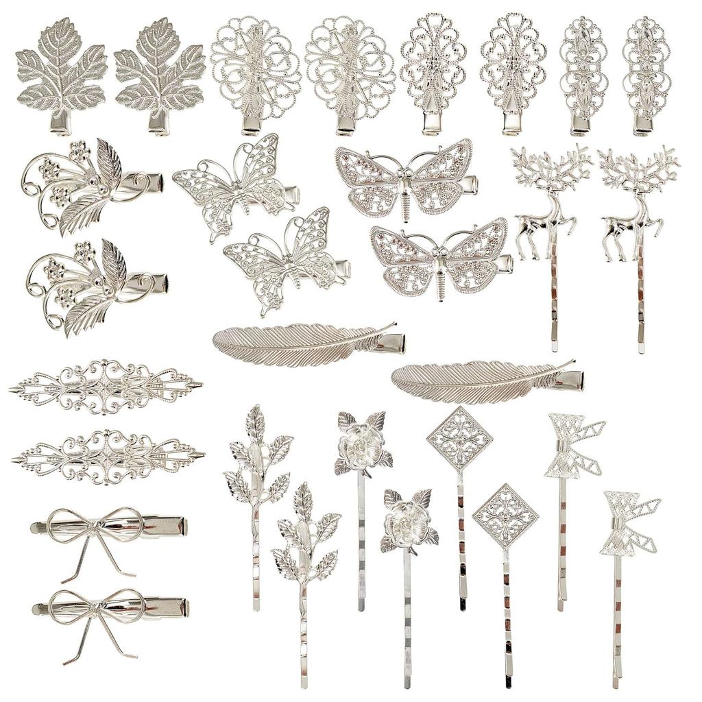 inSowni 30 Pack/15 Pairs Retro Vintage Metal Silver Alligator Hair Clips Barrettes Bobby Pins Leaf Flower Butterfly Acce