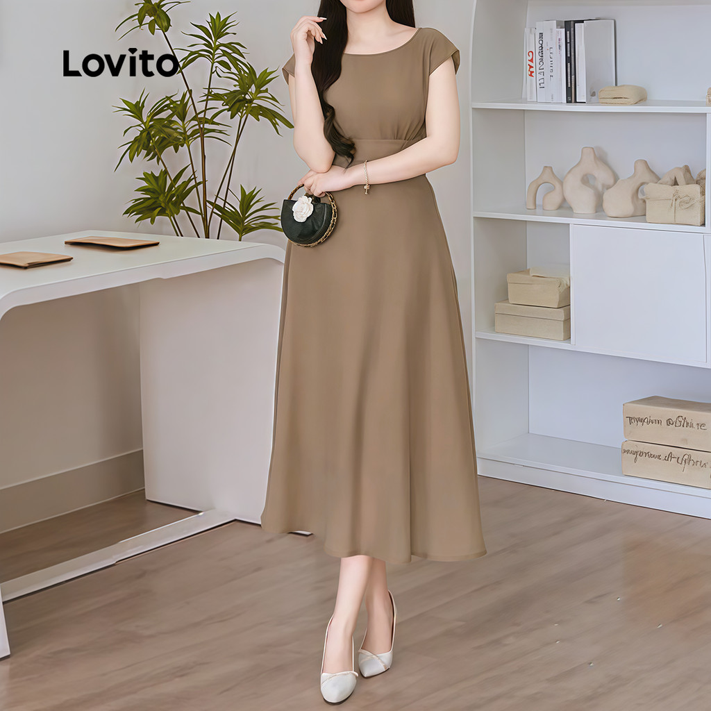 Lovito Midi Vestido Elegante Plissado de Textura Simples para Primavera/verão Vestido Cáqui para mulheres L184ED052 · foto 2