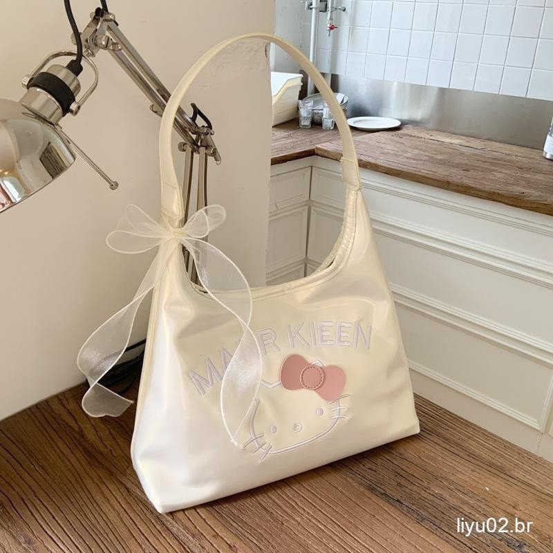 [largeloohg] Cute Sanrio Hello Kitty PU Shoulder Bag Bow Ribbon Sweet KT Cat Portable Tote Bag Fashion All-match Women's