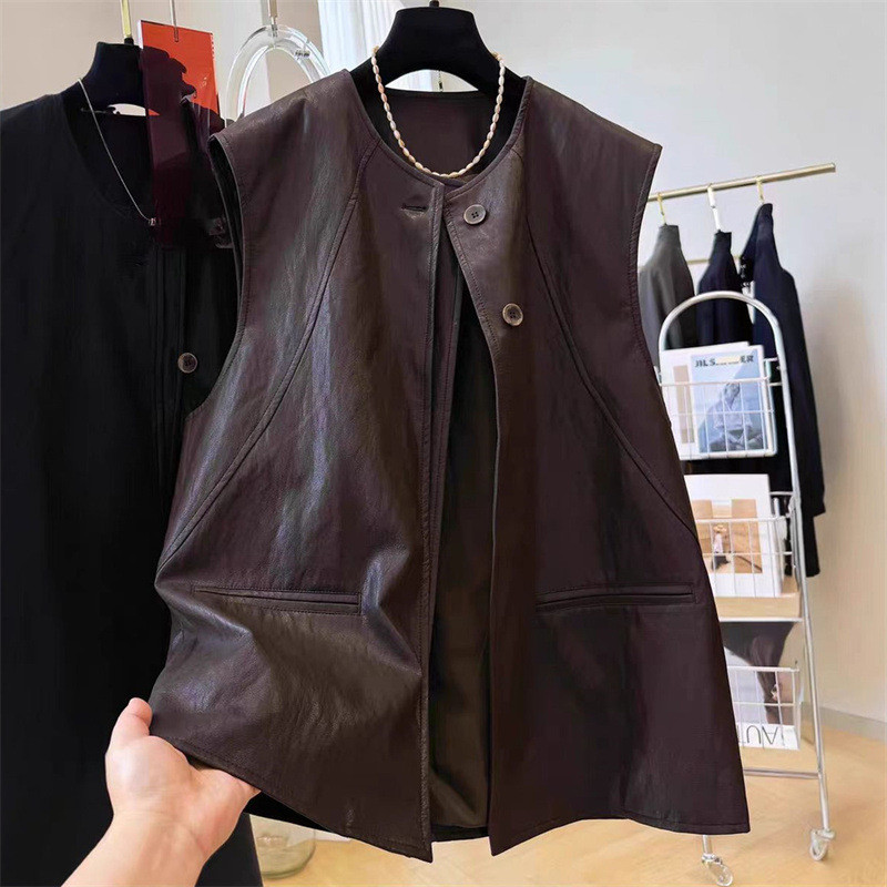 Colete de couro feminino Commuter novo estilo irmã gorda em torno do pescoço sem mangas colete em camadas
