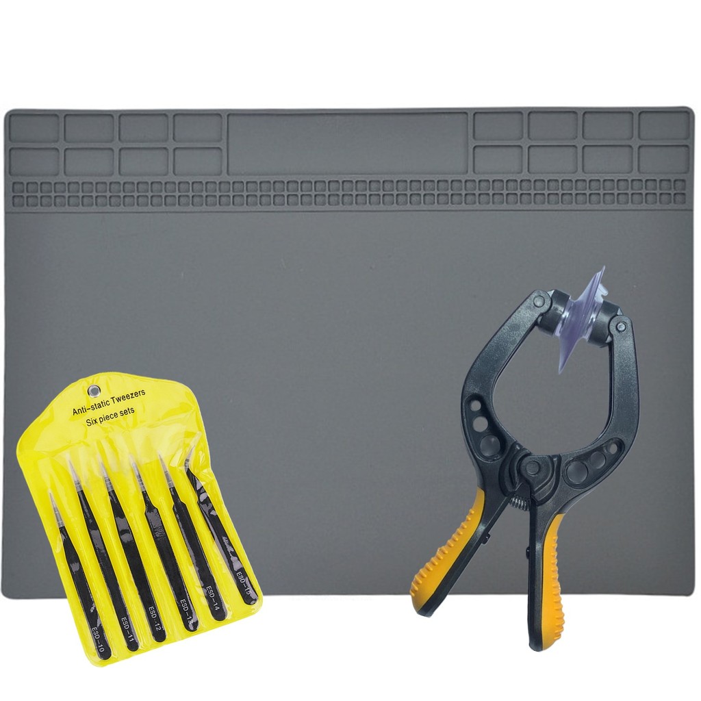 Kit Manta Magnética Silicone 25x35cm + Jogo Pinças Precisão + Alicate Ventosa Abrir Celular Notebook