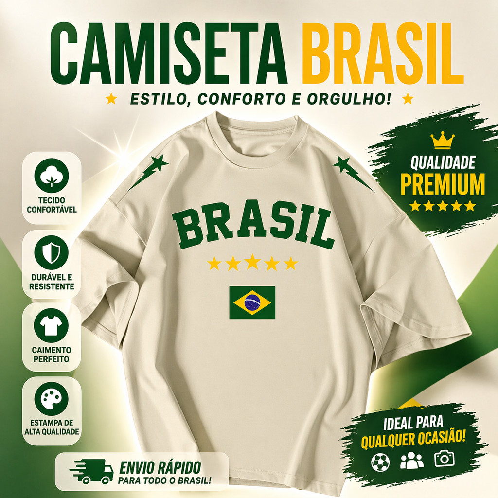 Camisetão Oversized Feminina Brasil Seleção Copa do Mundo 2026 Streetwear Estilosa 100% Algodão