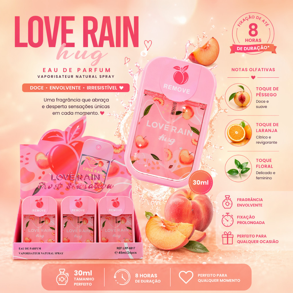 Perfume Hug Feminino 30ml Doce Frutado Longa Duração 8 Horas Pêssego Laranja Importado Luxo - Lové Rain