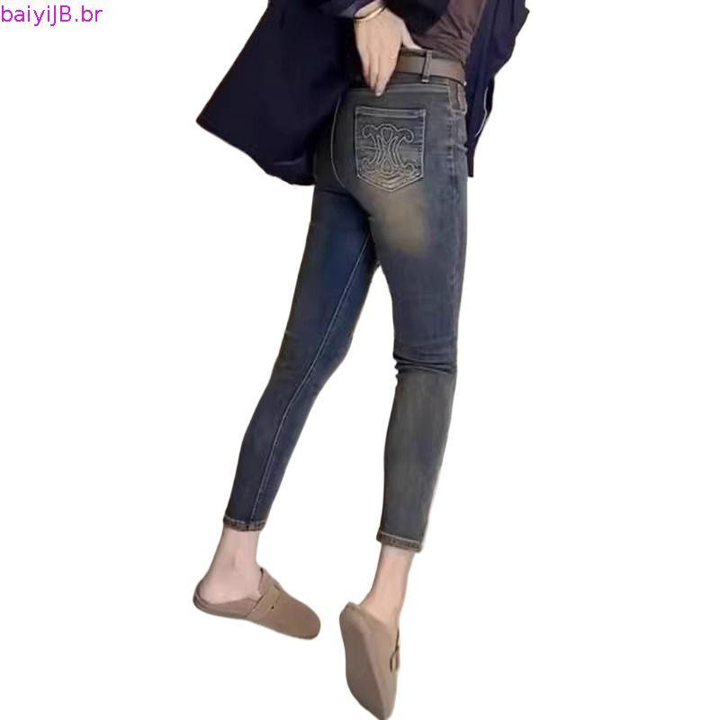 calça jeans feminina pantalona calça jeans feminina Calças lápis jeans de cintura alta com estampa de estação europeia