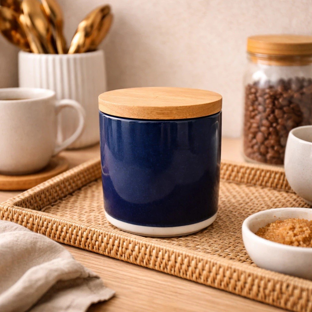 Pote Potiche de Cerâmica Azul Marinho Tampa Madeira Pequeno Decoração Cozinha