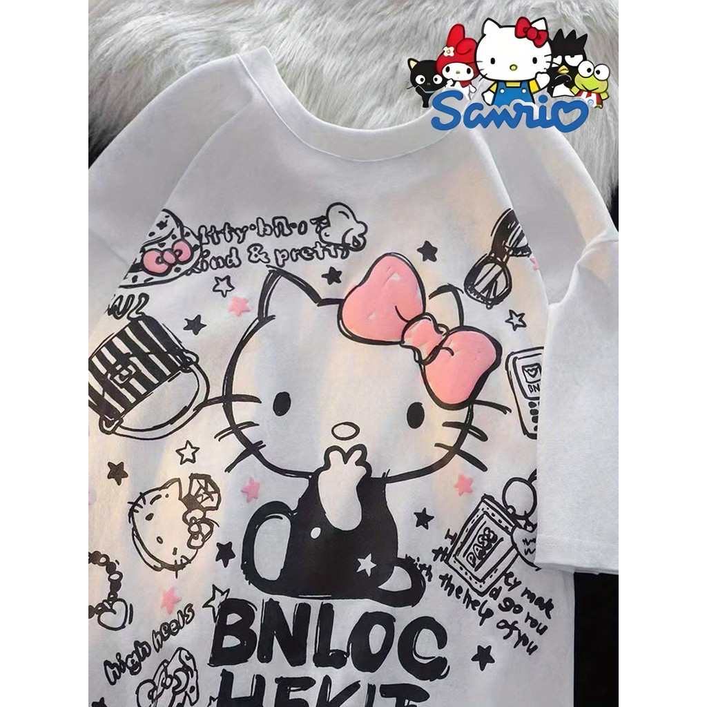 「BR.Moonlight」Camiseta Hello Kitty Estampa Fofa Confortável Divertida Estilosa Moda Feminina Casual