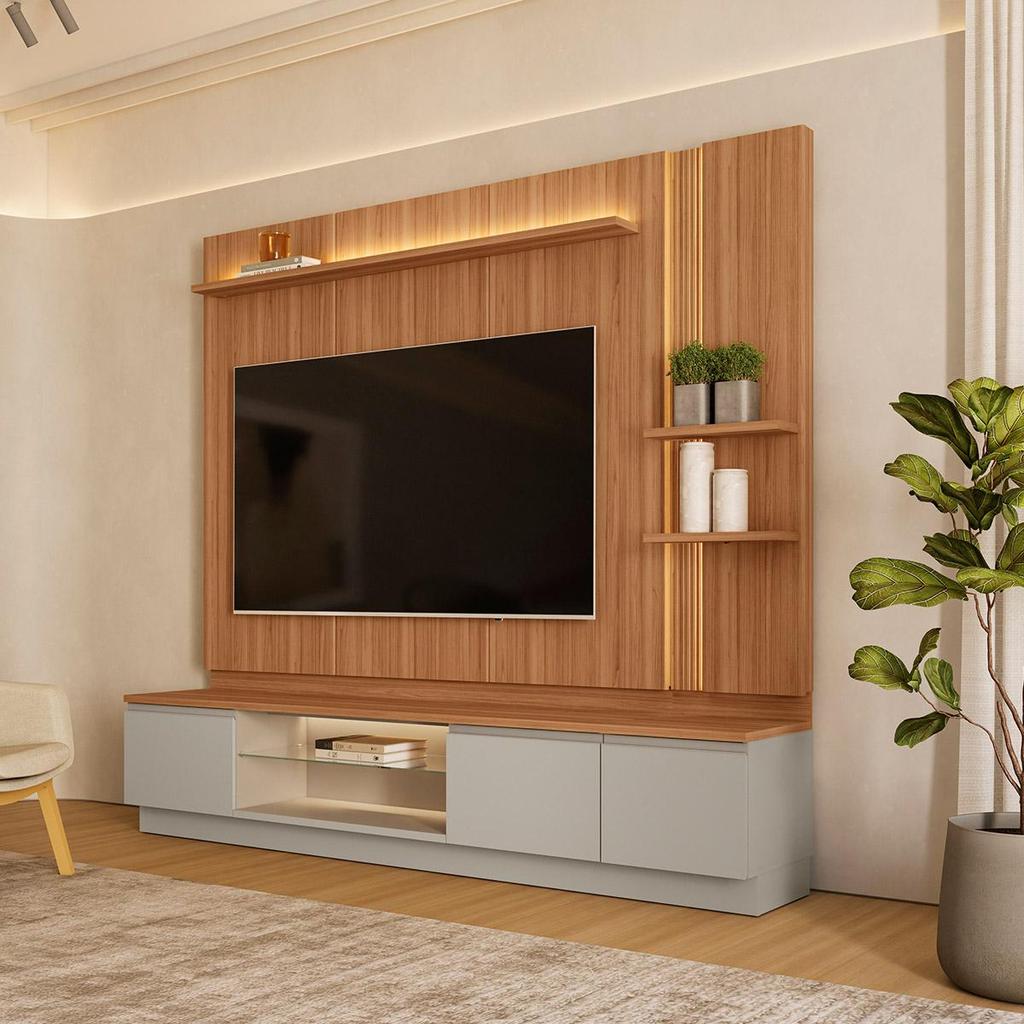Imagem Conjunto Painel Rack Módulo Lateral Been MDP/MDF TV até 75 Canela/Gris G77 - Gran Belo