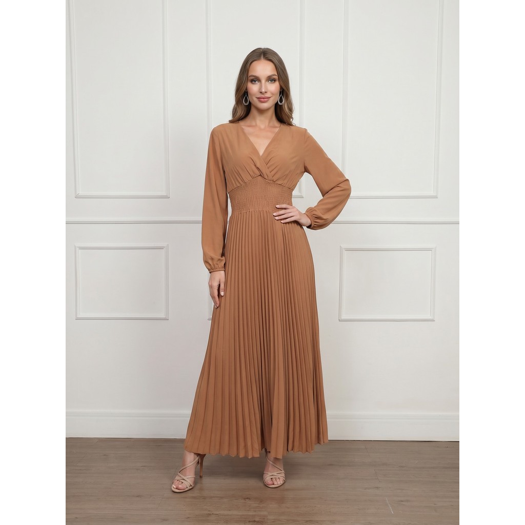 Vestido Longo Feminino Com Manga Longa，Decote em V e Saia Plissada Elegante