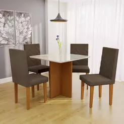 Conjunto Sala de Jantar Mesa Tampo de Vidro Fidelitá Barcelona Com 4 Cadeiras Freijó/Off-White Assento Cacau