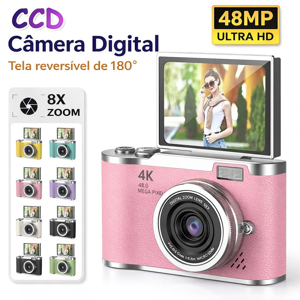 Câmera digital com zoom 4K CCD 8x, adequada para fotografia estudantil, compacta de 48MP, tela flip selfie de 180° LOJA
