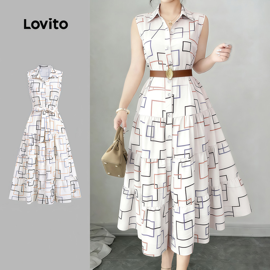 Lovito Vestido Casual de Verão com Camadas e Botões Na Frente para mulheres LBL3