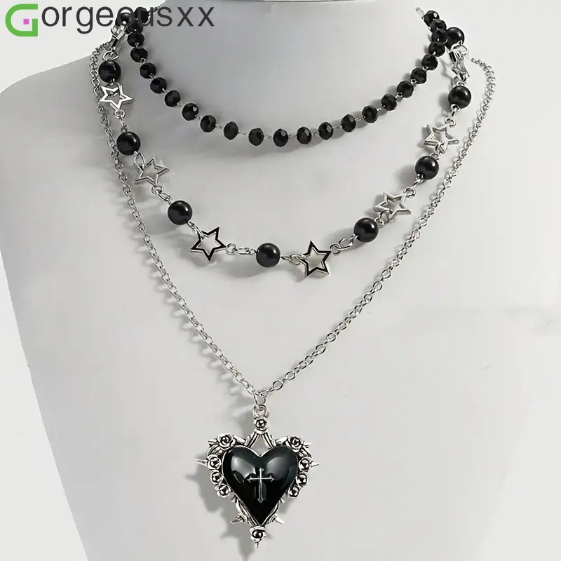 [Gorgeousxx] Punk Thorn Rosa Preto Amor Coração Pingente Estrela Contas Colares Em Camadas Joias Femininas