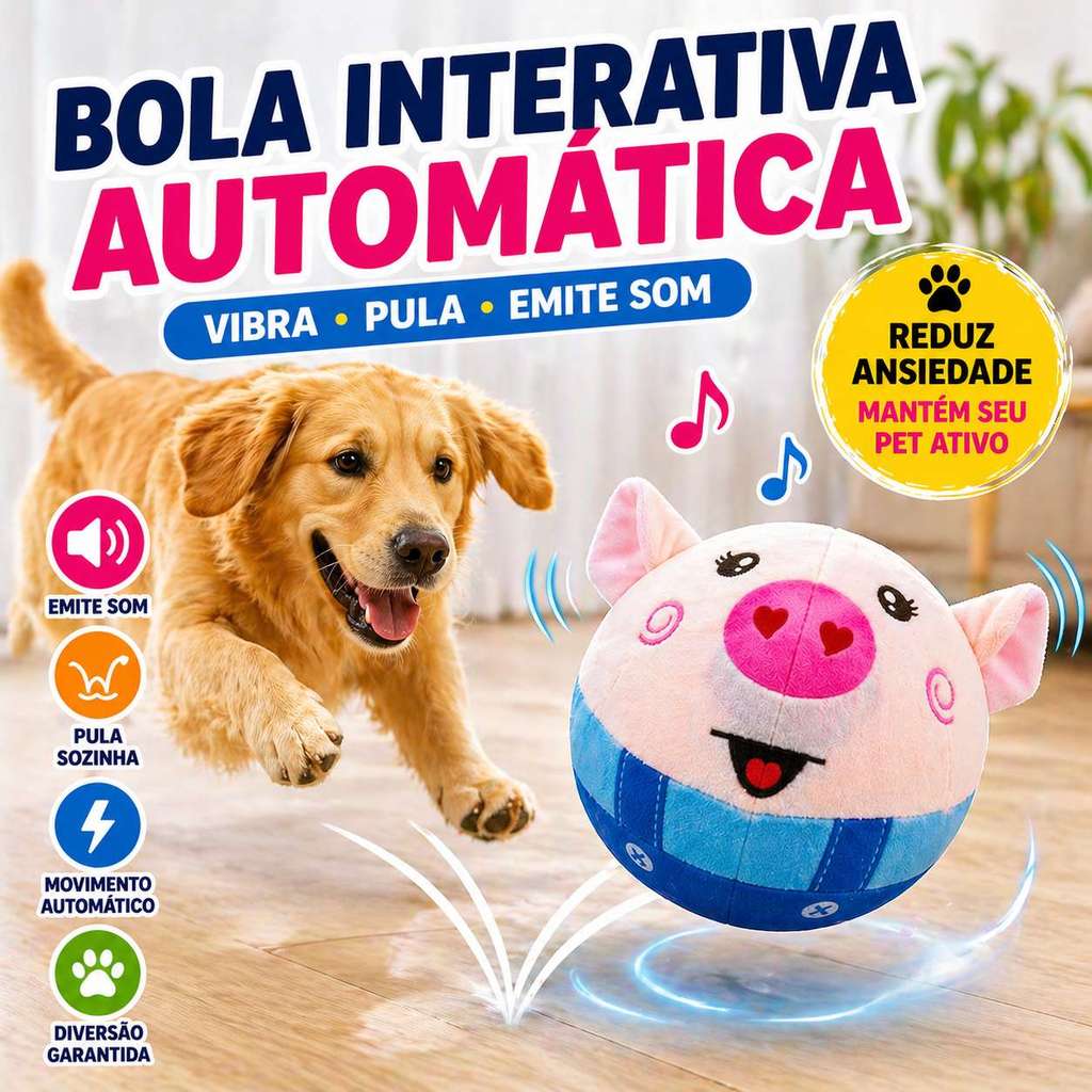 Bola Interativa Automática para Cães Vibra Pula Emite Som Brinquedo Pet Anti Ansiedade Resistente