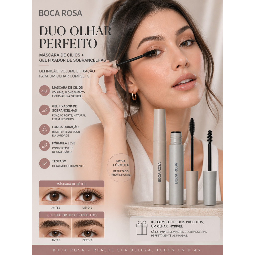 Kit Boca Rosa Máscara de Cílios + Gel de Sobrancelhas | Volume, Alongamento e Fixação Natural