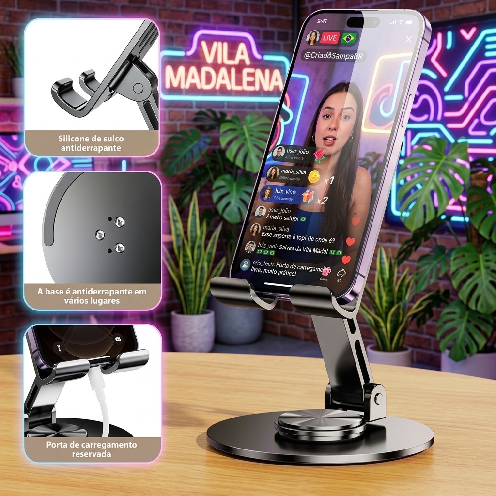 Suporte Para Celular E Tablet De Mesa Articulado Ajustável Metal