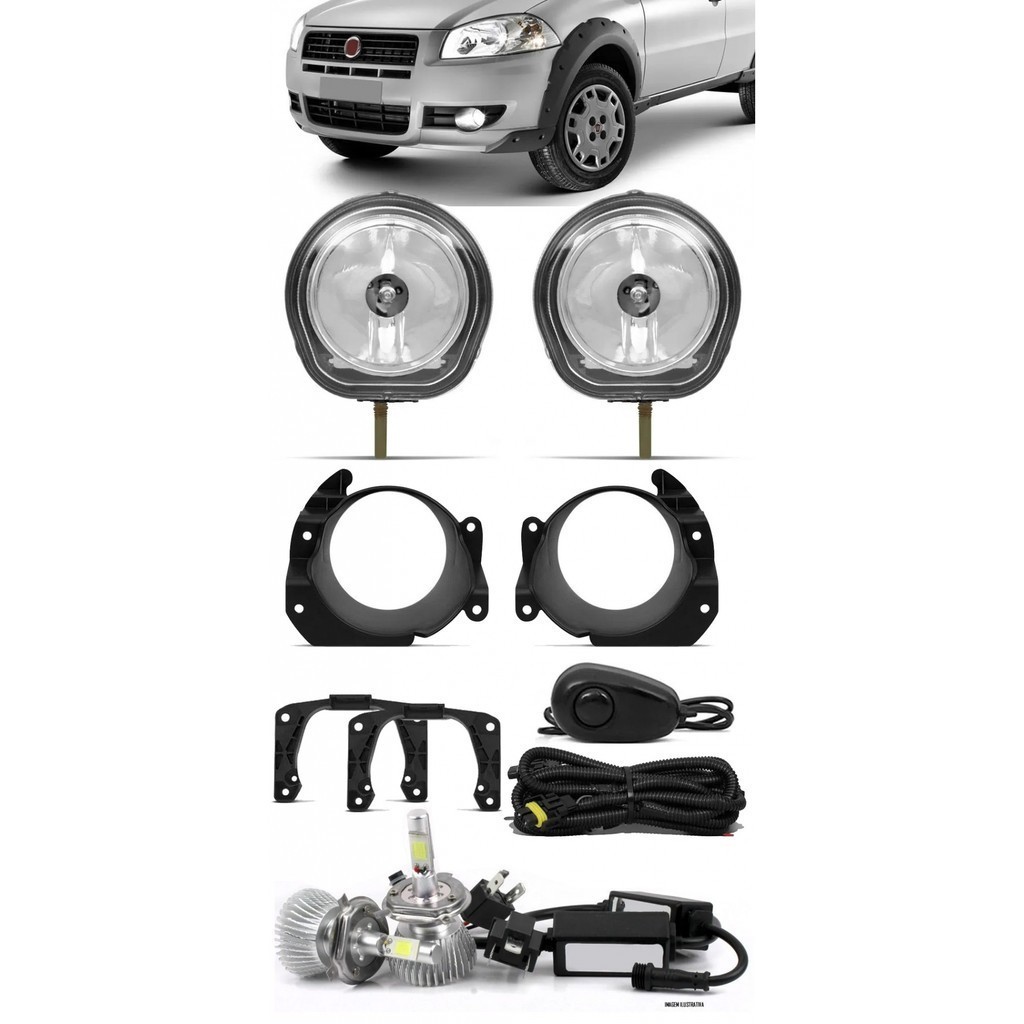 Kit Farol de Milha Fiat Strada Working 2012 2013 Botão Alternativo + Kit Lâmpada Super LED 6000K