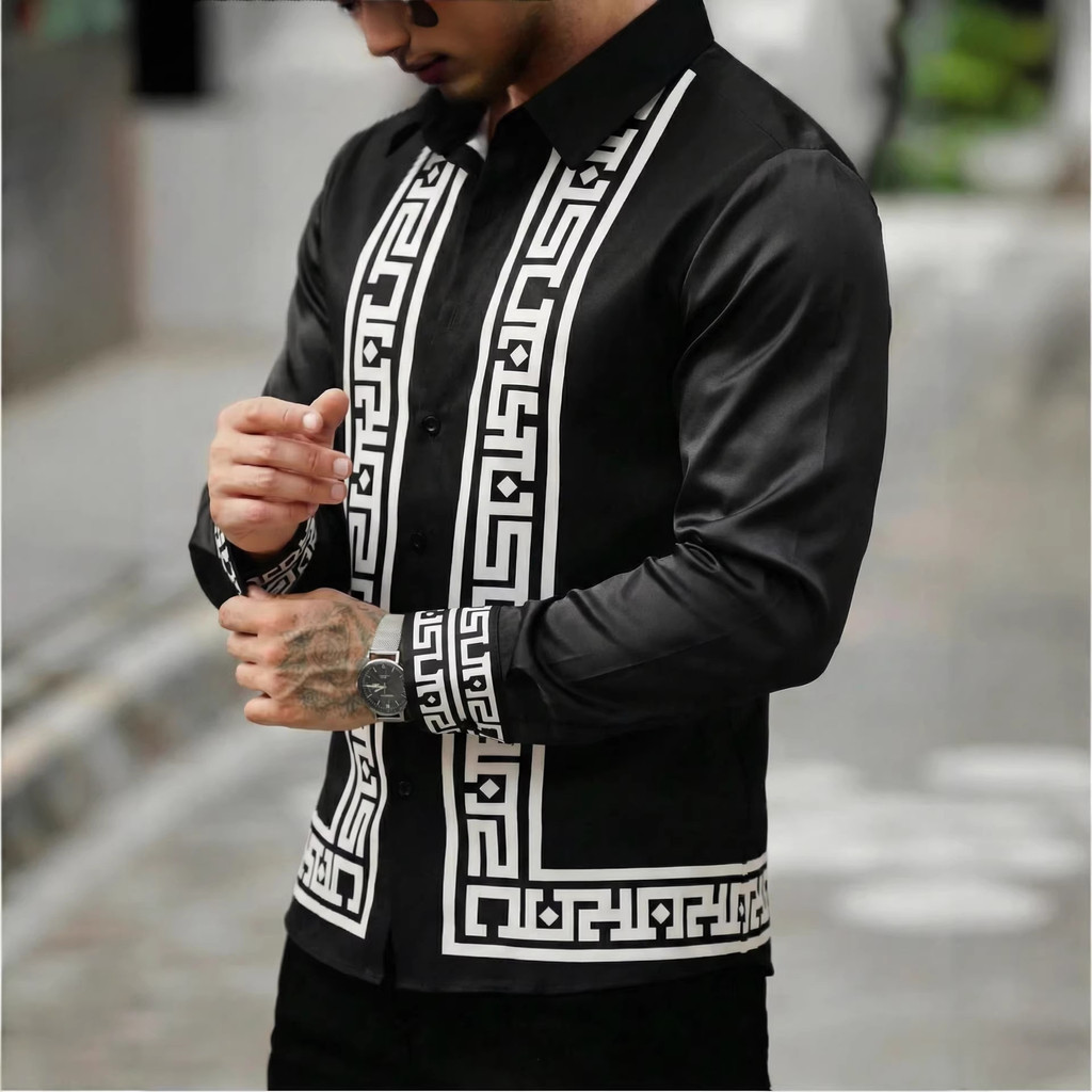 Camisa de manga comprida estampada geométrica masculina leve maduro estilo Casual lapela cardigã Top roupas masculinas