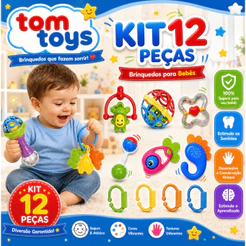 Kit 12 Peças Chocalho e Mordedor para Bebê - Colorido Educativo Sensorial Infantil