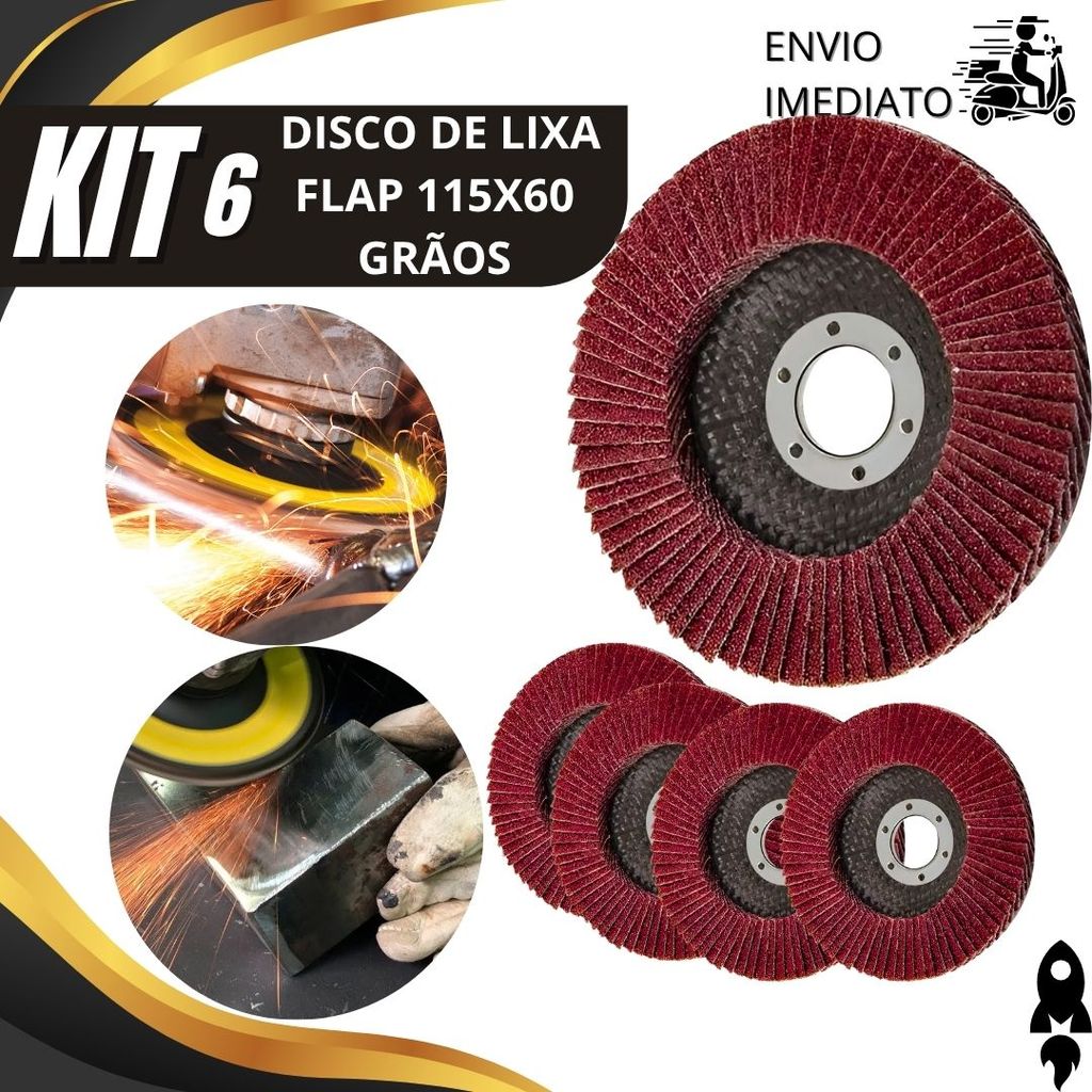 Kit 6/3/2 Disco Flap 115x60 Grão 60 Disco de Lixa Abrasivo Profissional para Ferro, Aço e Madeira