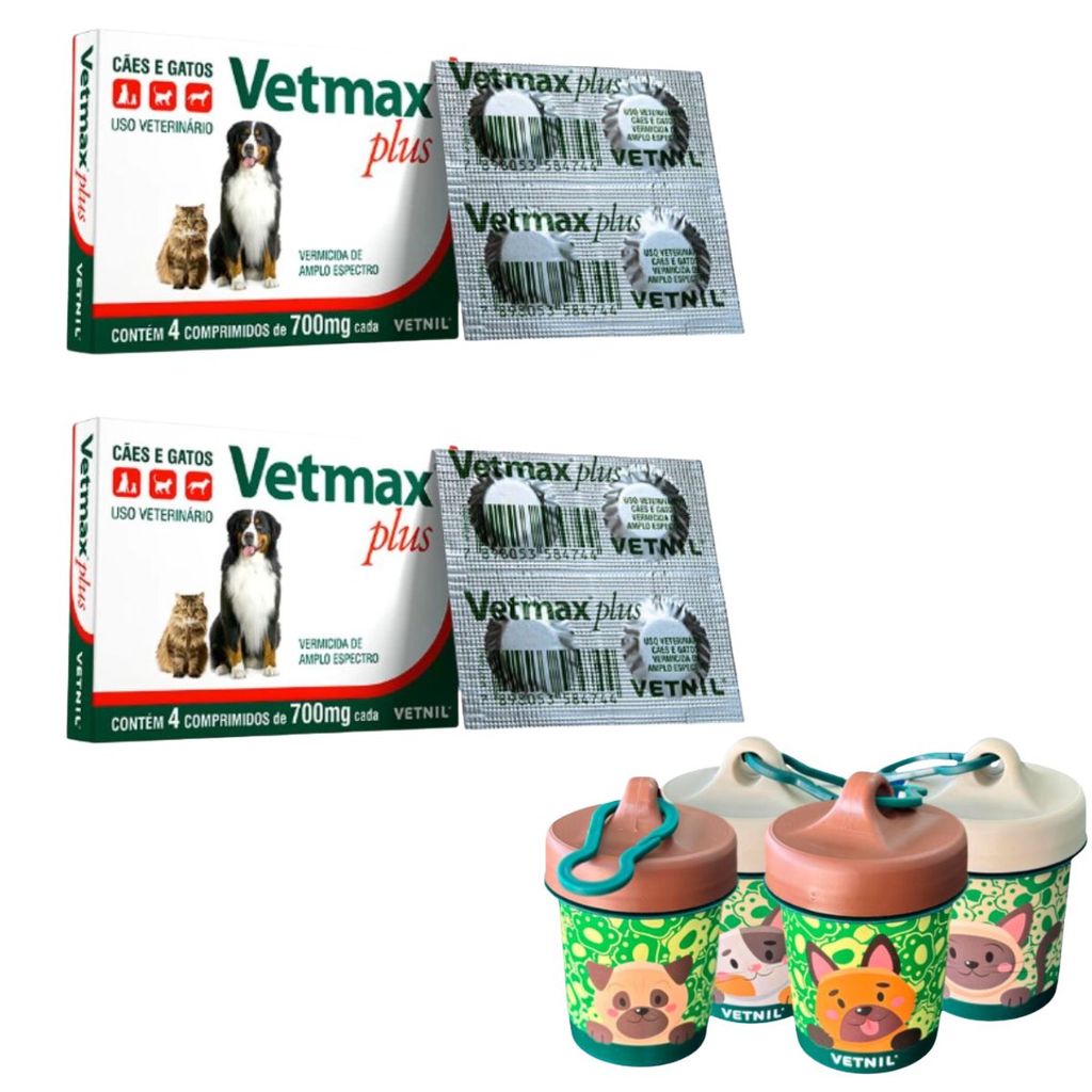 02 Vermífugo Cães e Gatos Vetmax Plus 4 Comprimidos C/Brinde