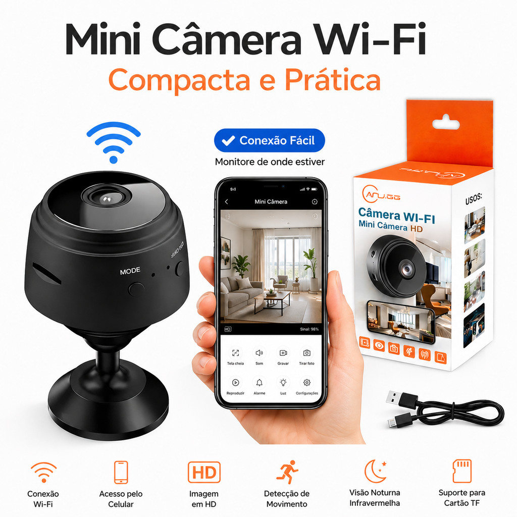 Mini Câmera A9 WiFi HD 1080P com Visão Noturna para Segurança e Vigilância