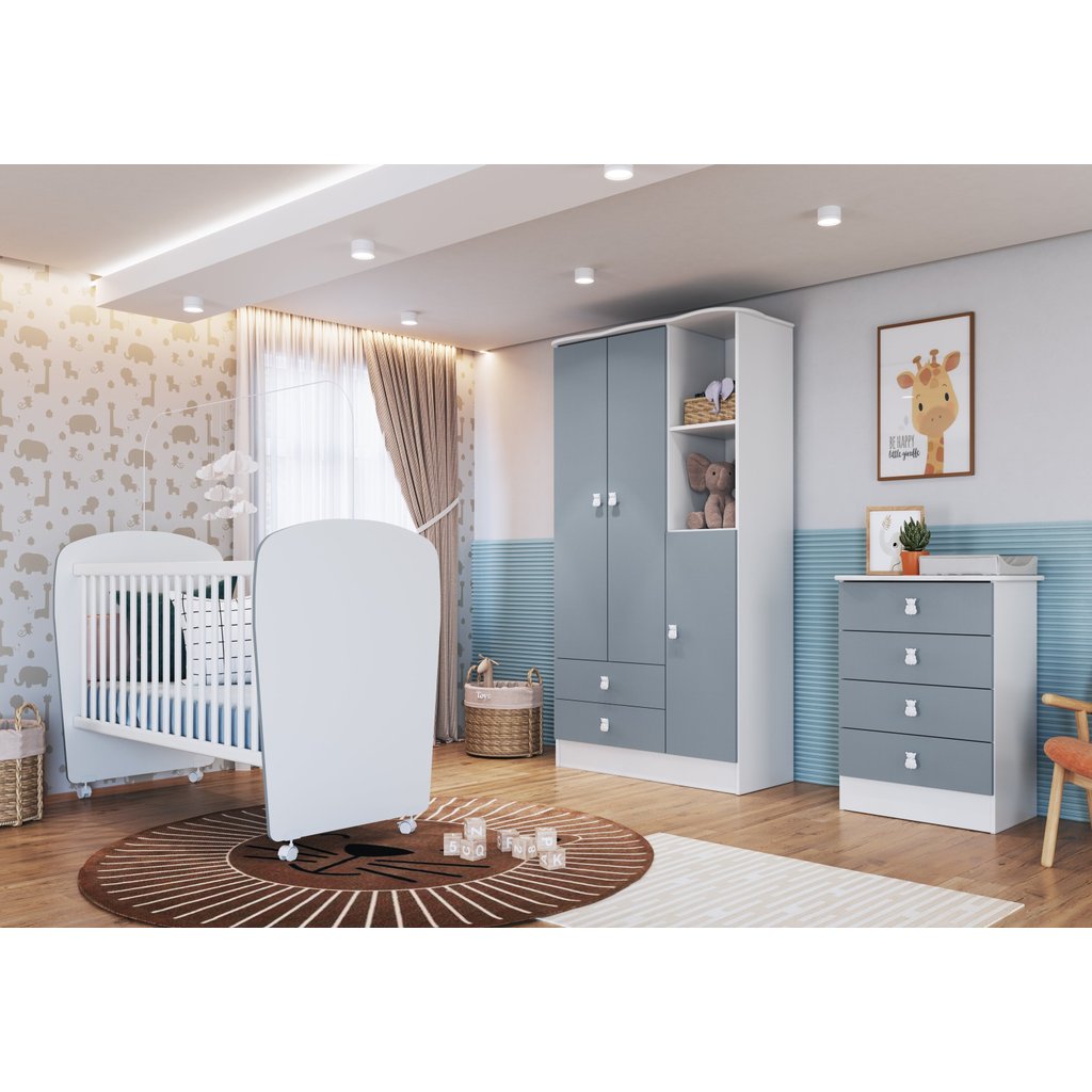 Quarto de Bebê Completo Pimpolho com Guarda-Roupa 3 Portas, Cômoda e Berço Espresso Móveis Azul/Branco